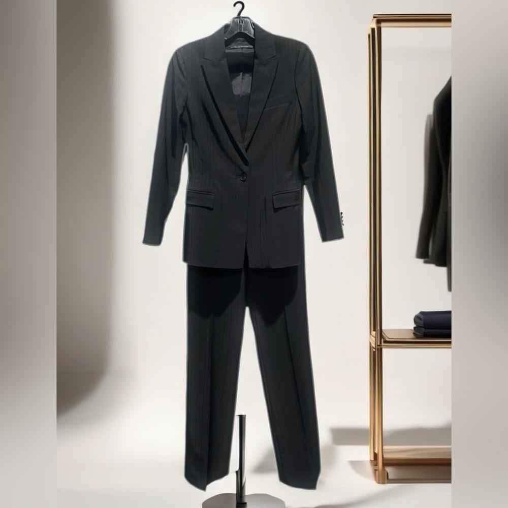 💕ELI TAHARI Black Stripe Fitted Suit Single Button Jacket + Fit & Flare Pants